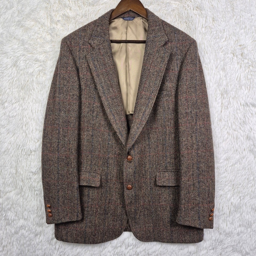 Joseph & Feiss Harris Tweed Brown Herringbone Wool Blazer Jacket Dark Academia